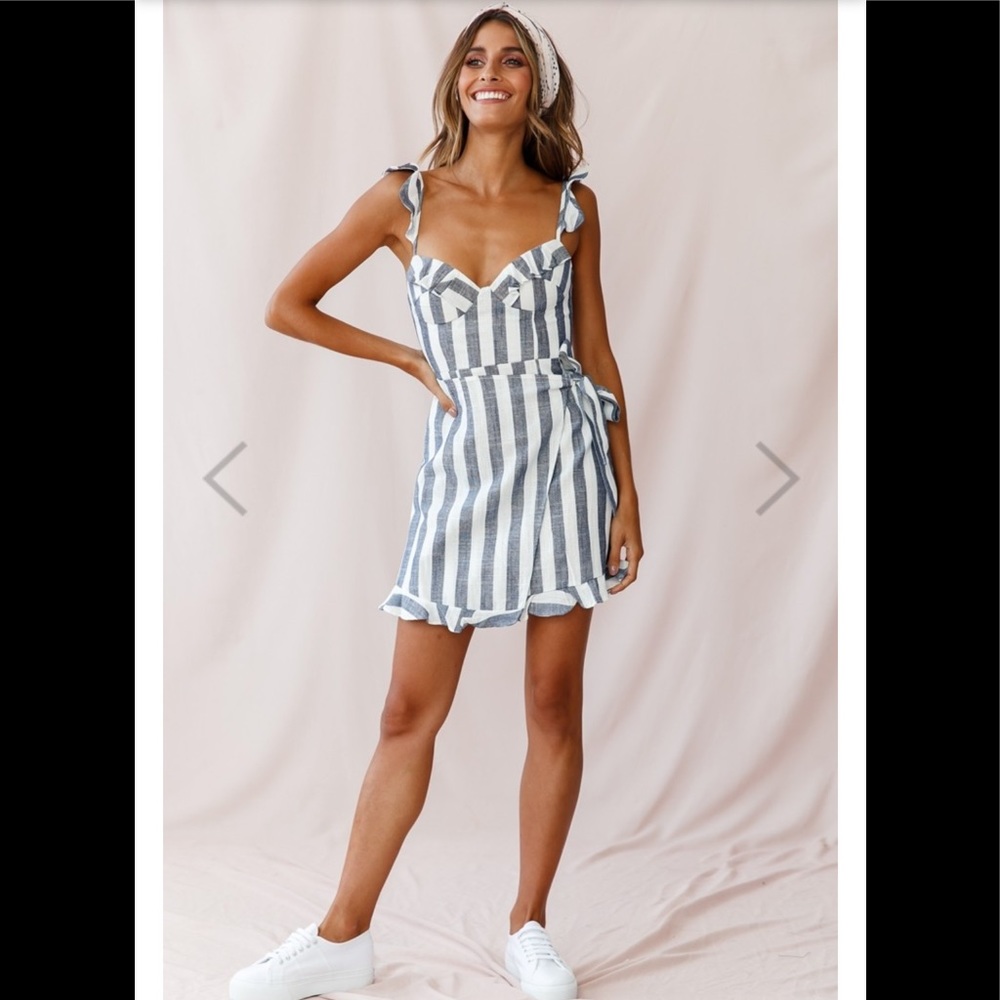 Saints + Secrets Stripes Denim Sweetheart Faux Wrap Dress Blue White Ruffle Mini - Picture 9 of 15